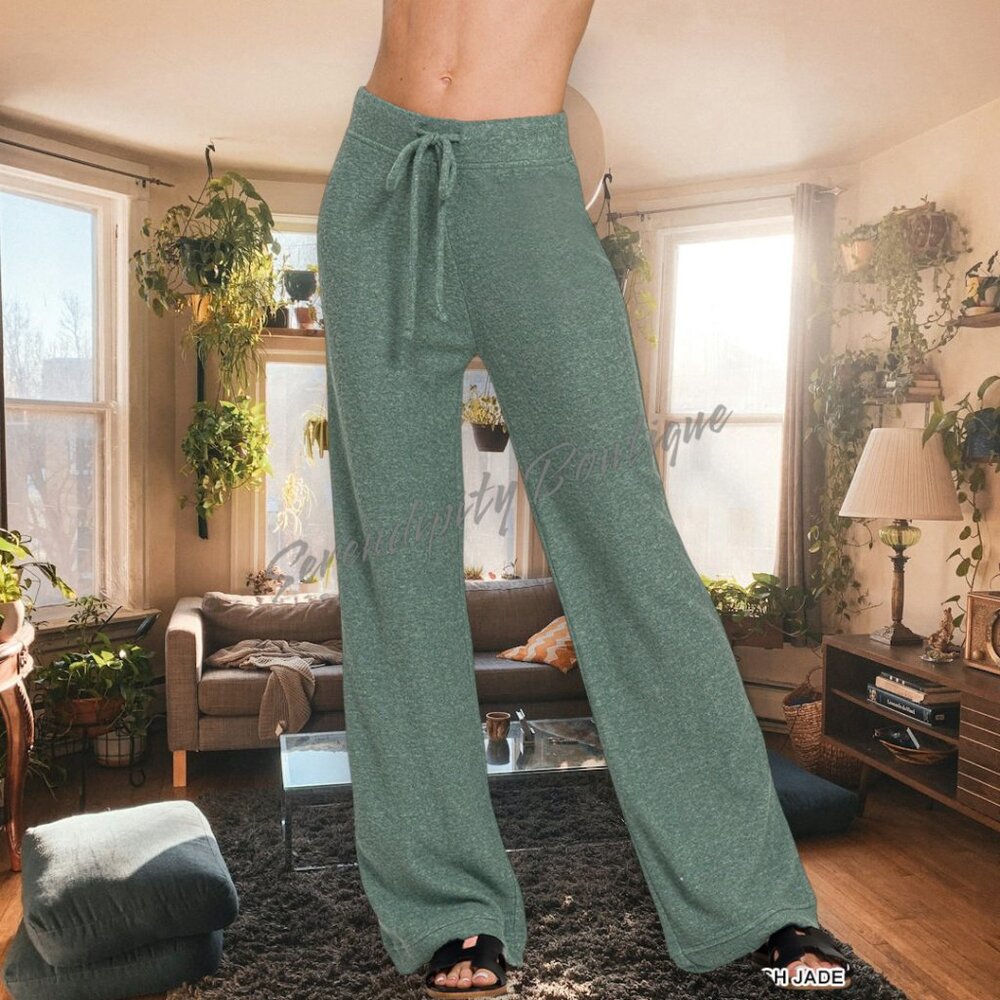 Zenana Uber Soft Lightweight Fleece Ash Jade High Rise Wide Leg Cozy Lounge  Pan - Picture 2 of 13